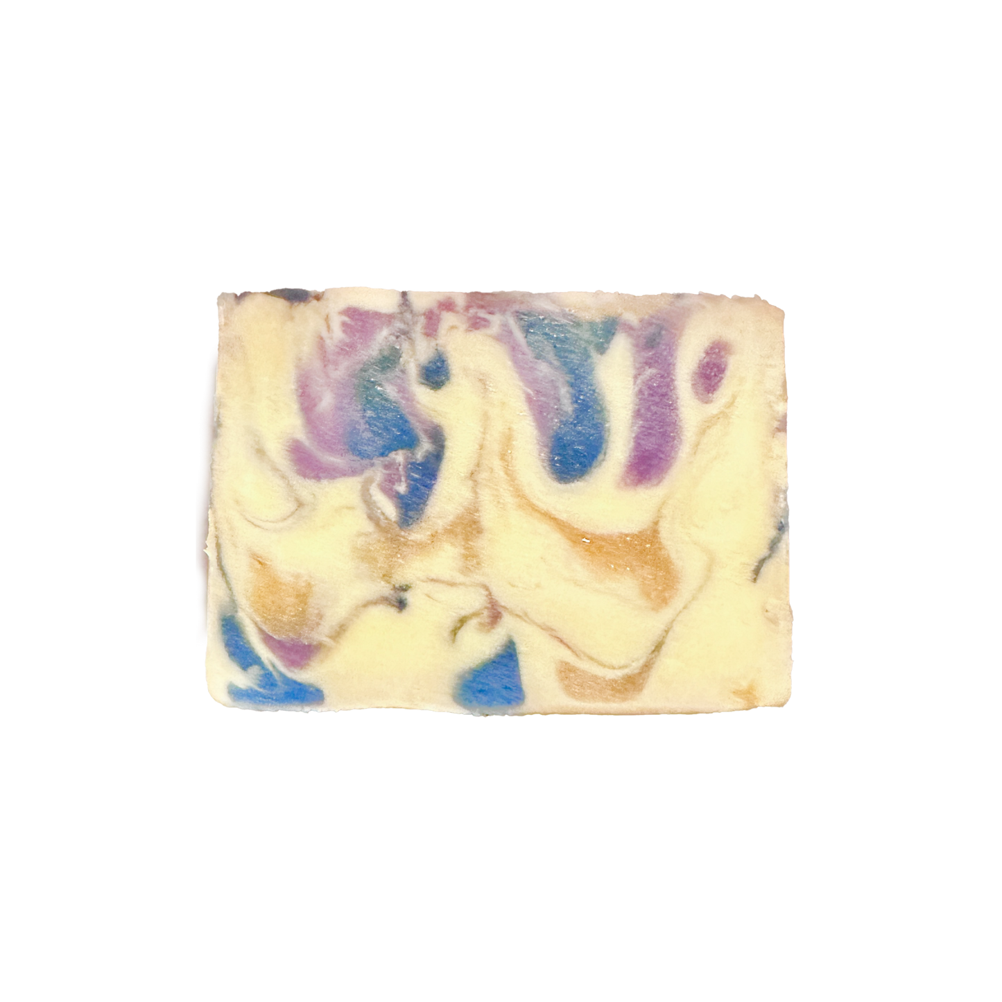Swirled soap bar with purple, blue, and beige colors on a white background