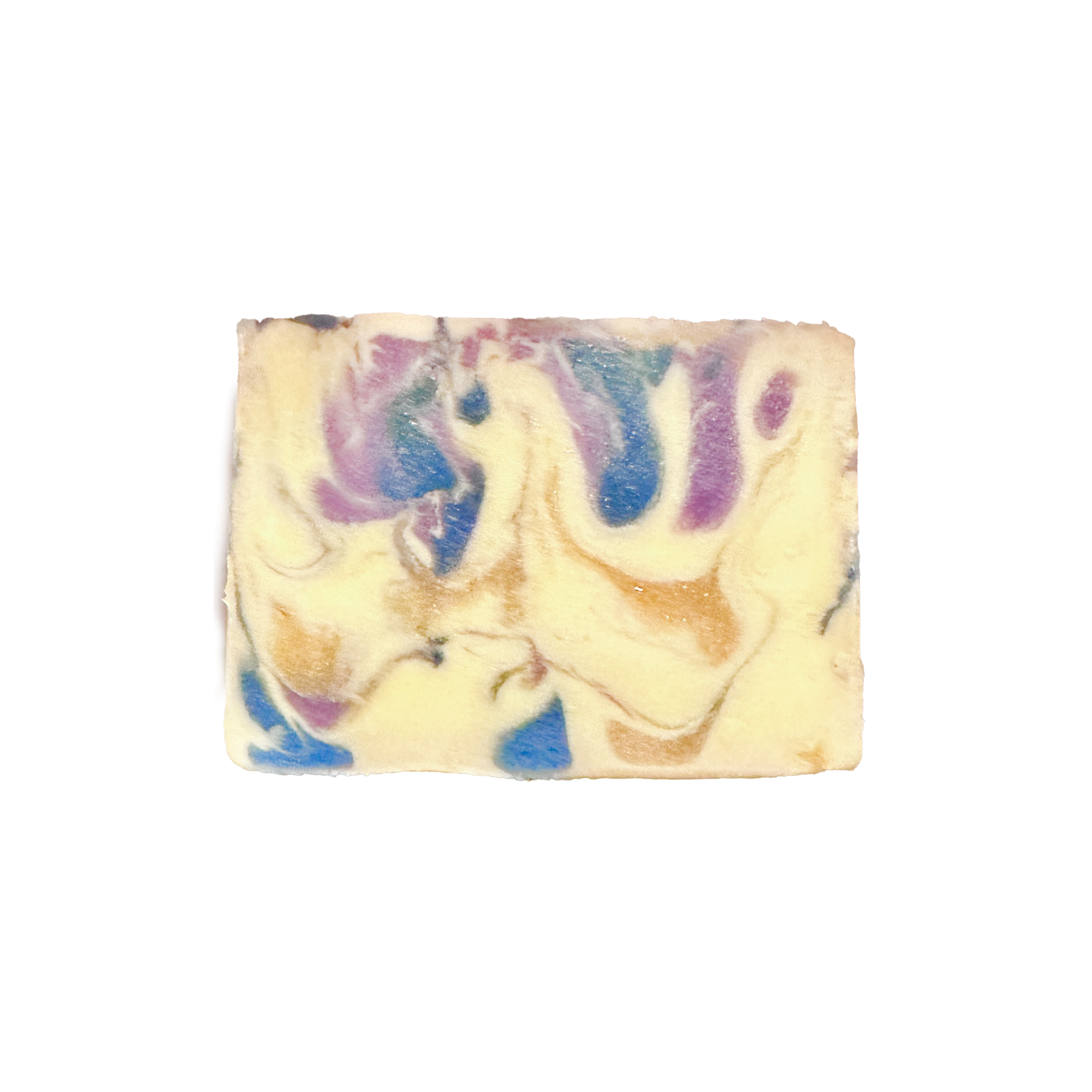 Swirled soap bar with purple, blue, and beige colors on a white background