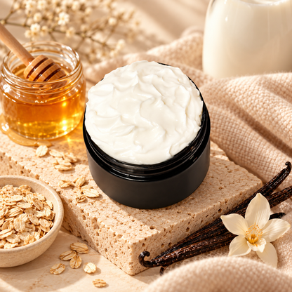 Open jar of Phat Bath & Body Milk & Honey Body Lotion with creamy white lotion styled with honey, milk, oatmeal, and vanilla.