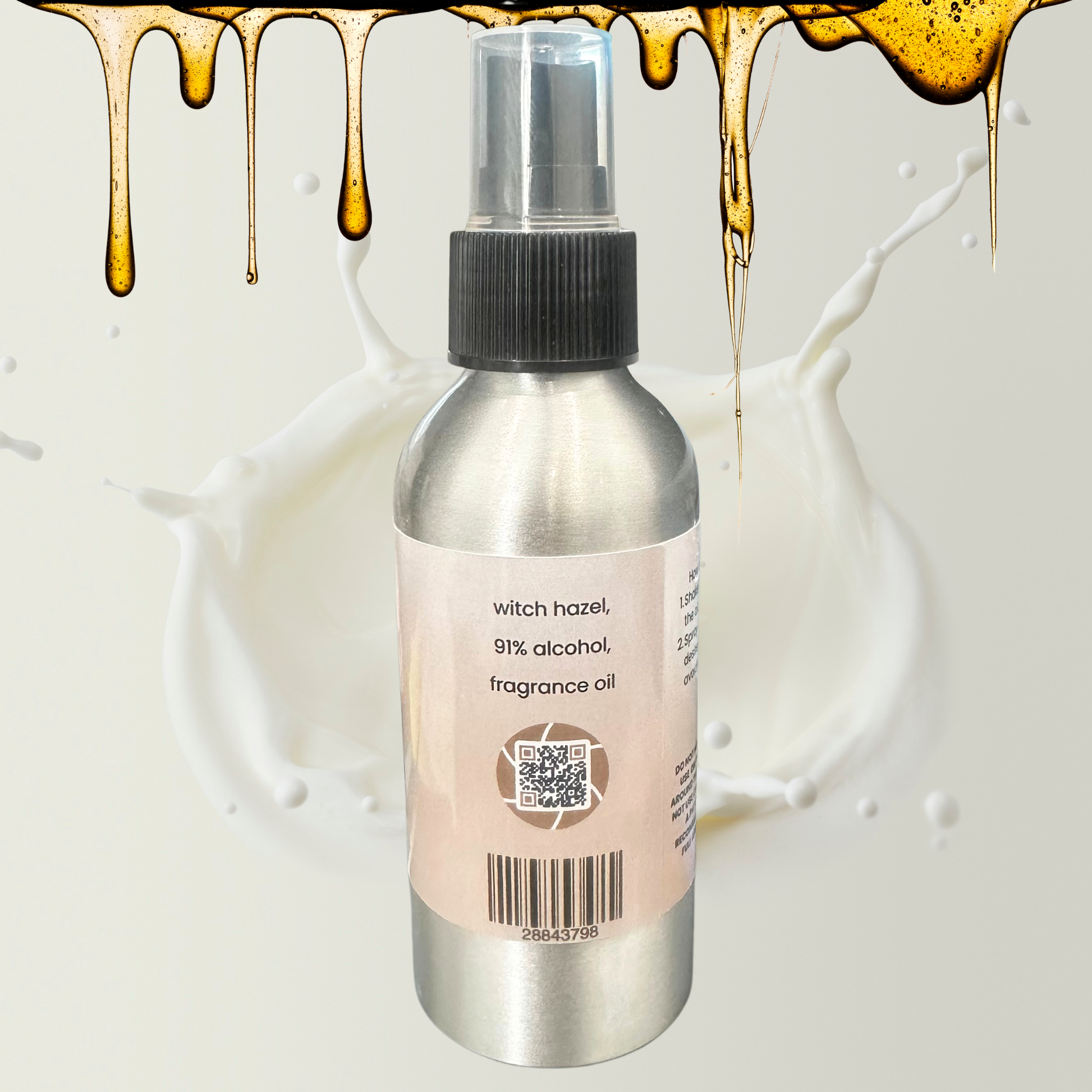 Bottle of body spray on a background with honey and milk.