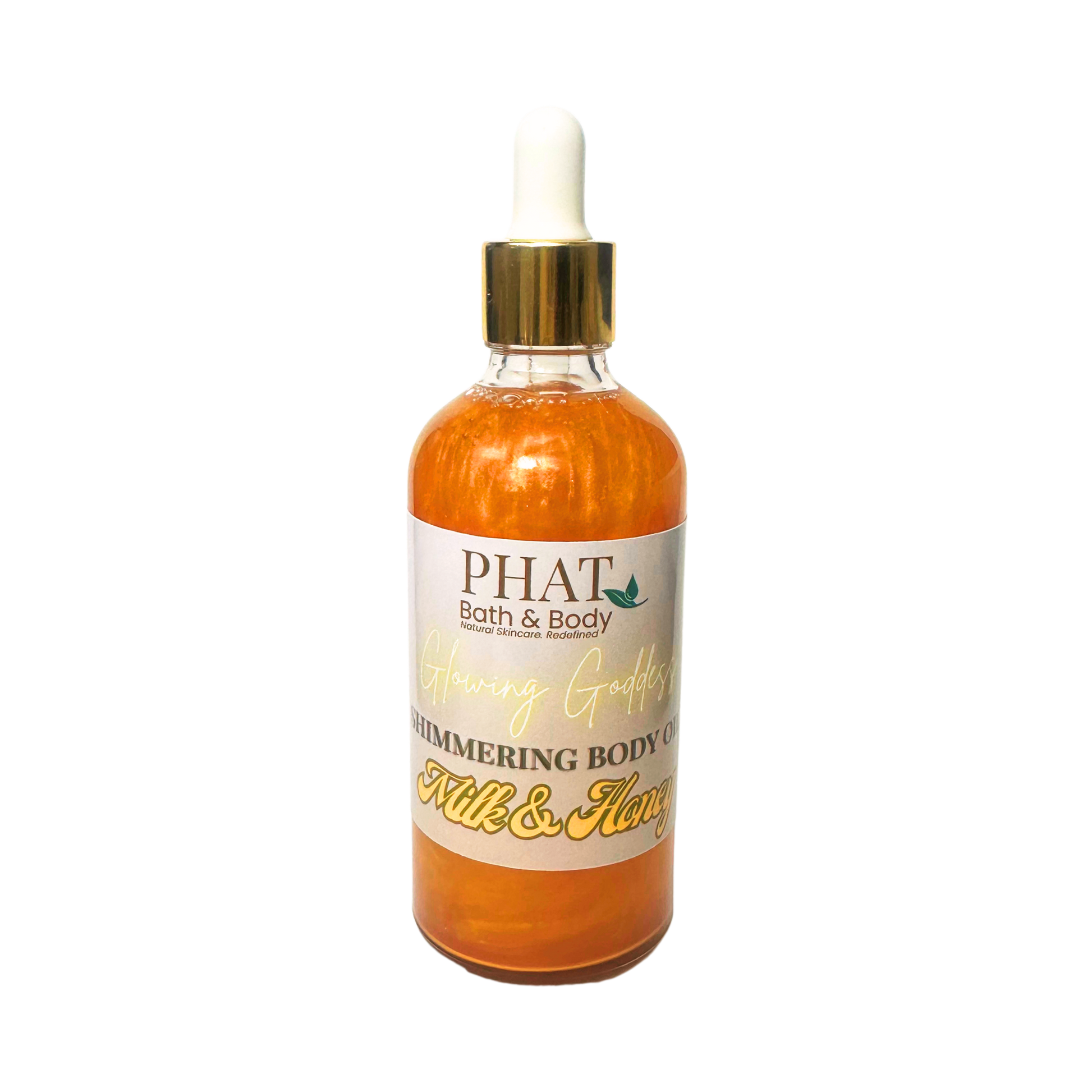 Bottle of 'Milk & Honey' shimmering body oil from Phat Bath & Body on a white background