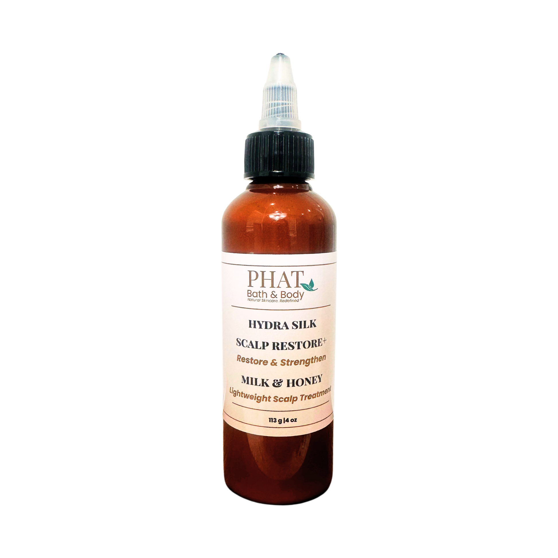 An amber bottle of PHAT Both & Body Hydra silk Scalp Restore Milk & Honey scalp treatment with a black twist cap, centered on a plain white background.