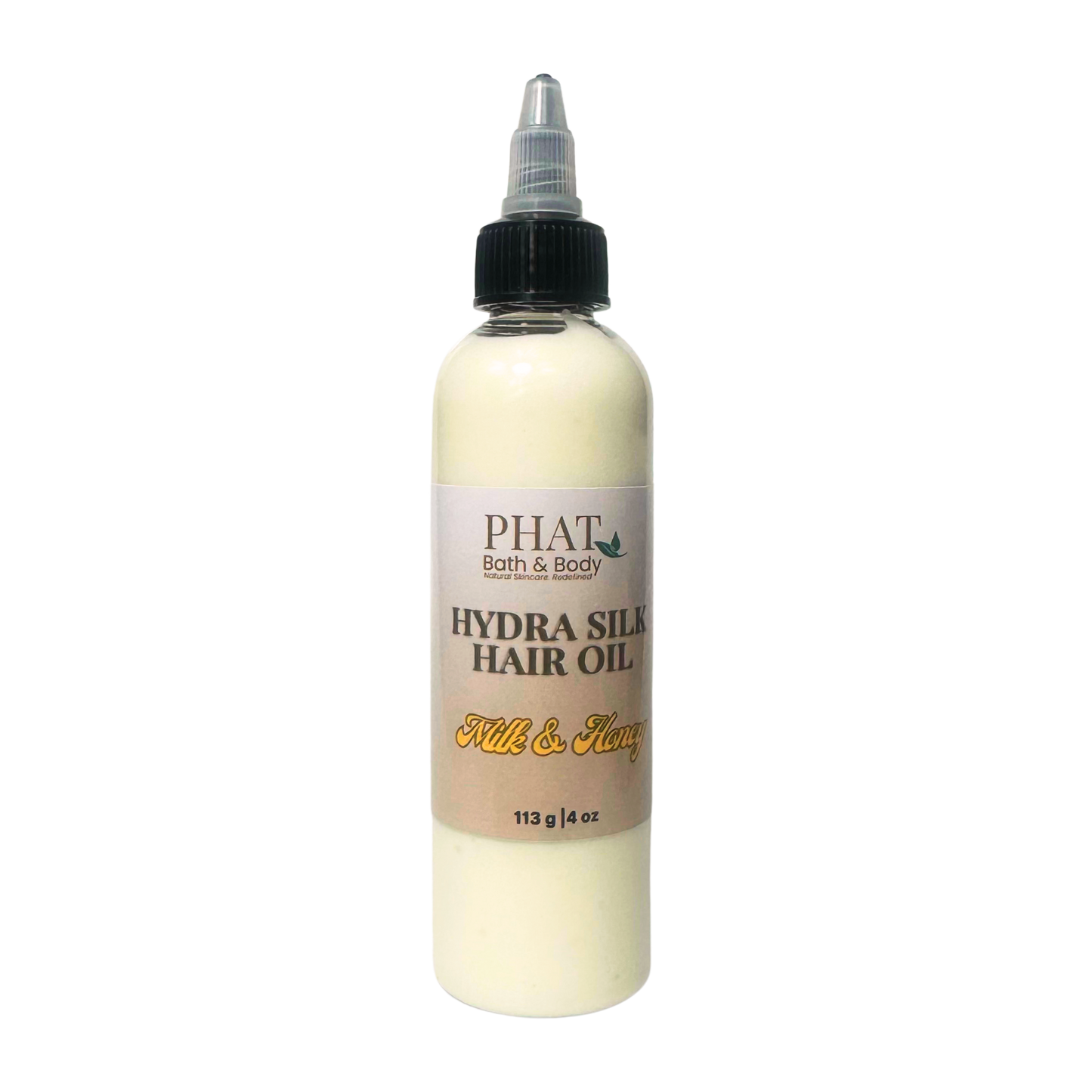 Bottle of Phat Bath & Body Hydra Silk Hair Oil on a white background