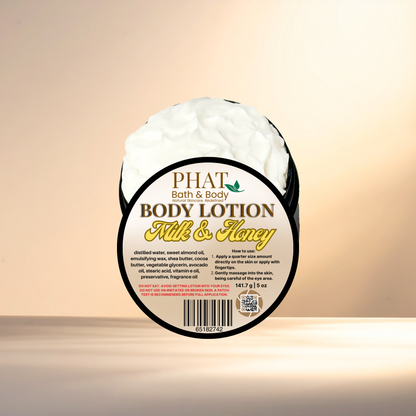 Body lotion container labeled 'Milk & Honey' by Phat Bath & Body on a gradient background