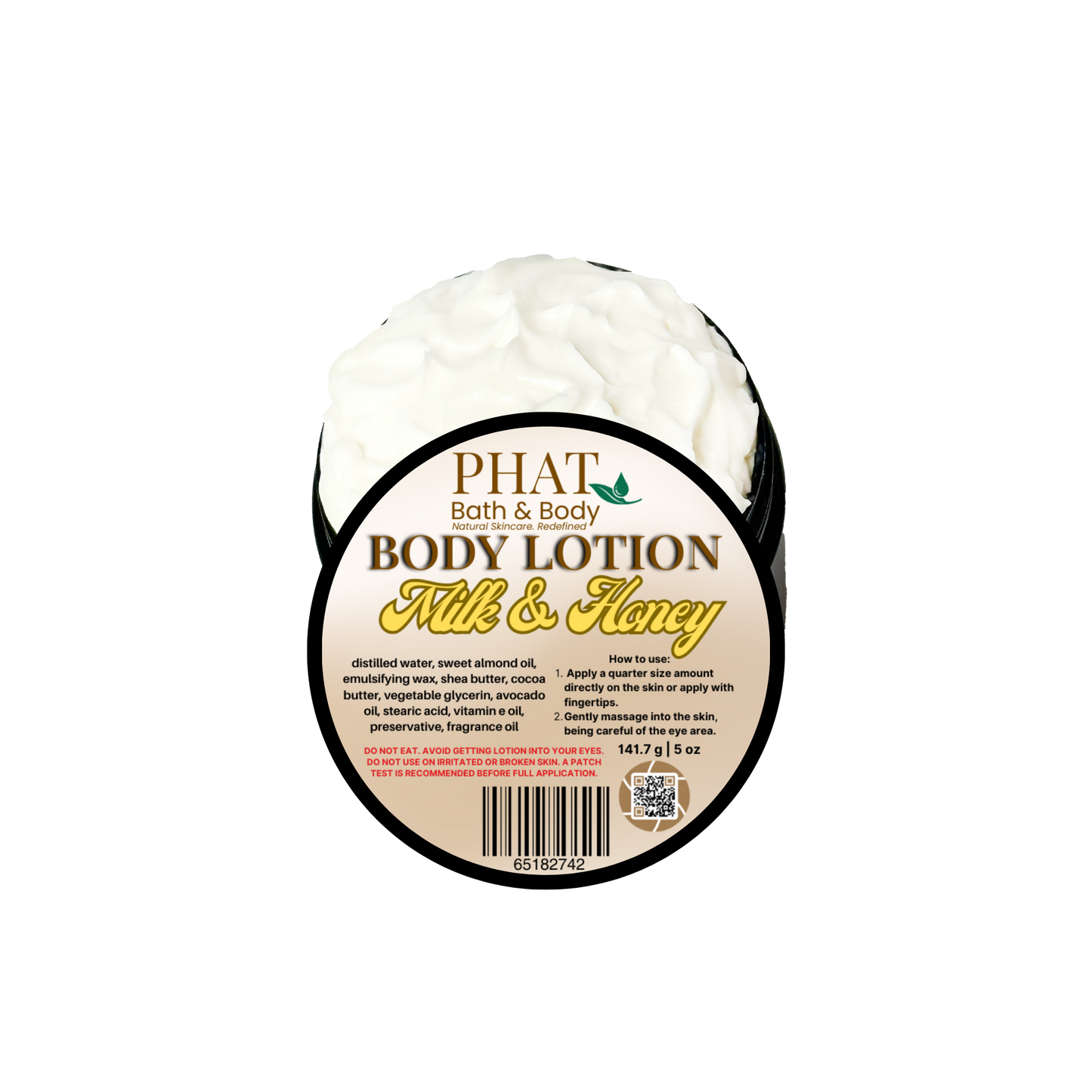 Body lotion container labeled 'Milk & Honey' by Phat Bath & Body on a white background