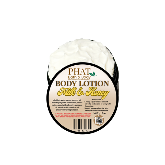 Body lotion container labeled 'Milk & Honey' by Phat Bath & Body on a white background