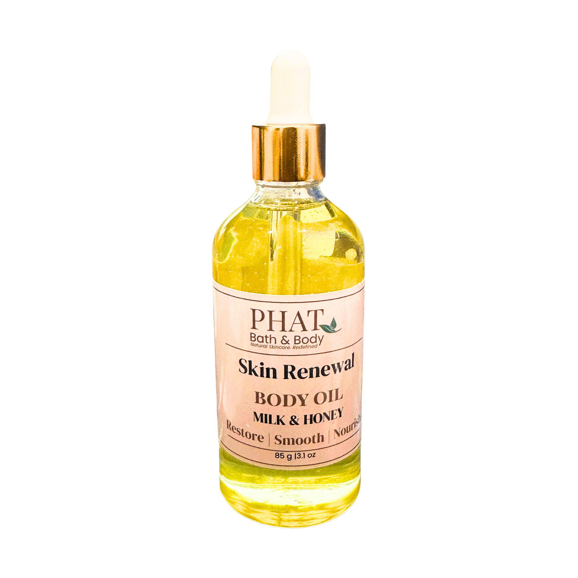 Bottle of Phat Bath & Body Skin Renewal Body Oil on a white background