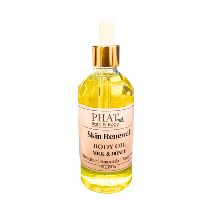 Bottle of Phat Bath & Body Skin Renewal Body Oil on a white background