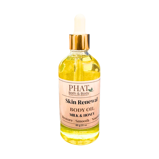 Bottle of Phat Bath & Body Skin Renewal Body Oil on a white background