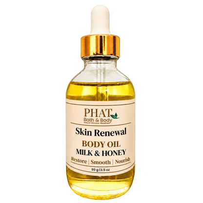 Phat Bath & Body Milk & Honey Skin Renewal Body Oil, 3.5 oz golden body oil in a clear glass dropper bottle with a gold cap and cream label.