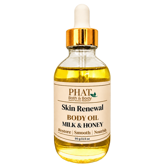Phat Bath & Body Milk & Honey Skin Renewal Body Oil, 3.5 oz golden body oil in a clear glass dropper bottle with a gold cap and cream label.