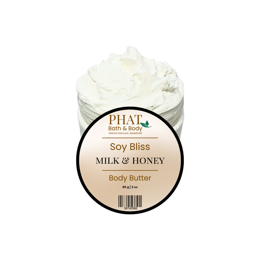 Jar of Phat Bath & Body Soy Bliss Milk & Honey Body Butter on a white background