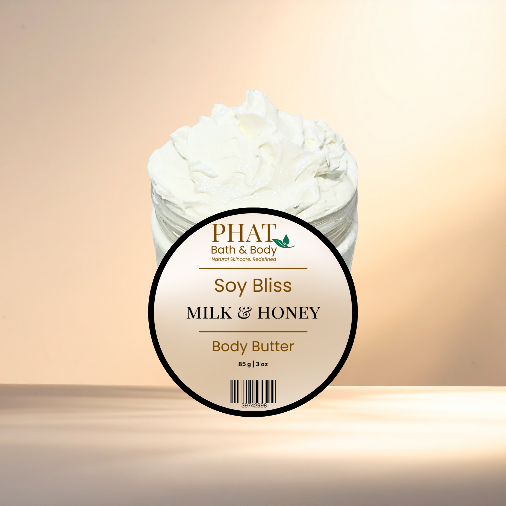 Jar of Phat Bath & Body Soy Bliss Milk & Honey Body Butter on a beige background