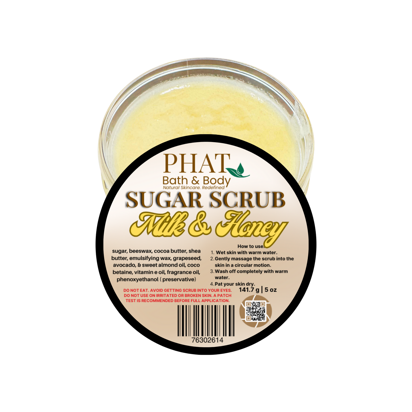 Jar of Phat Bath & Body Sugar Scrub with 'Milk & Honey' label on a white background