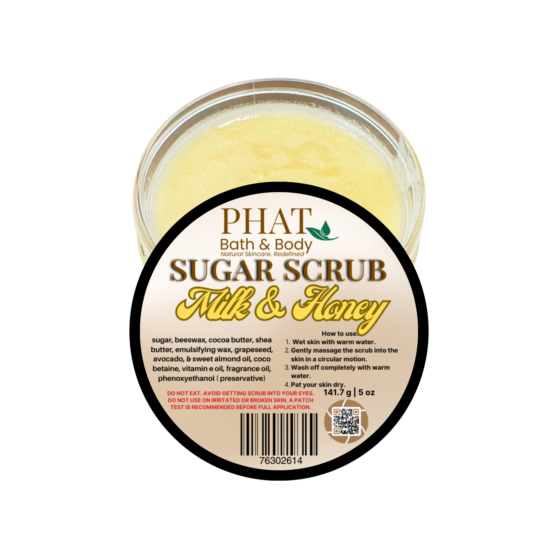 Jar of Phat Bath & Body Sugar Scrub with 'Milk & Honey' label on a white background