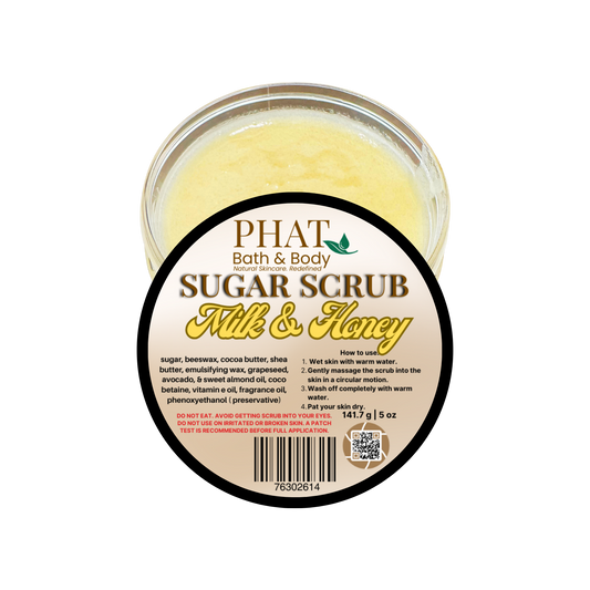Jar of Phat Bath & Body Sugar Scrub with 'Milk & Honey' label on a white background