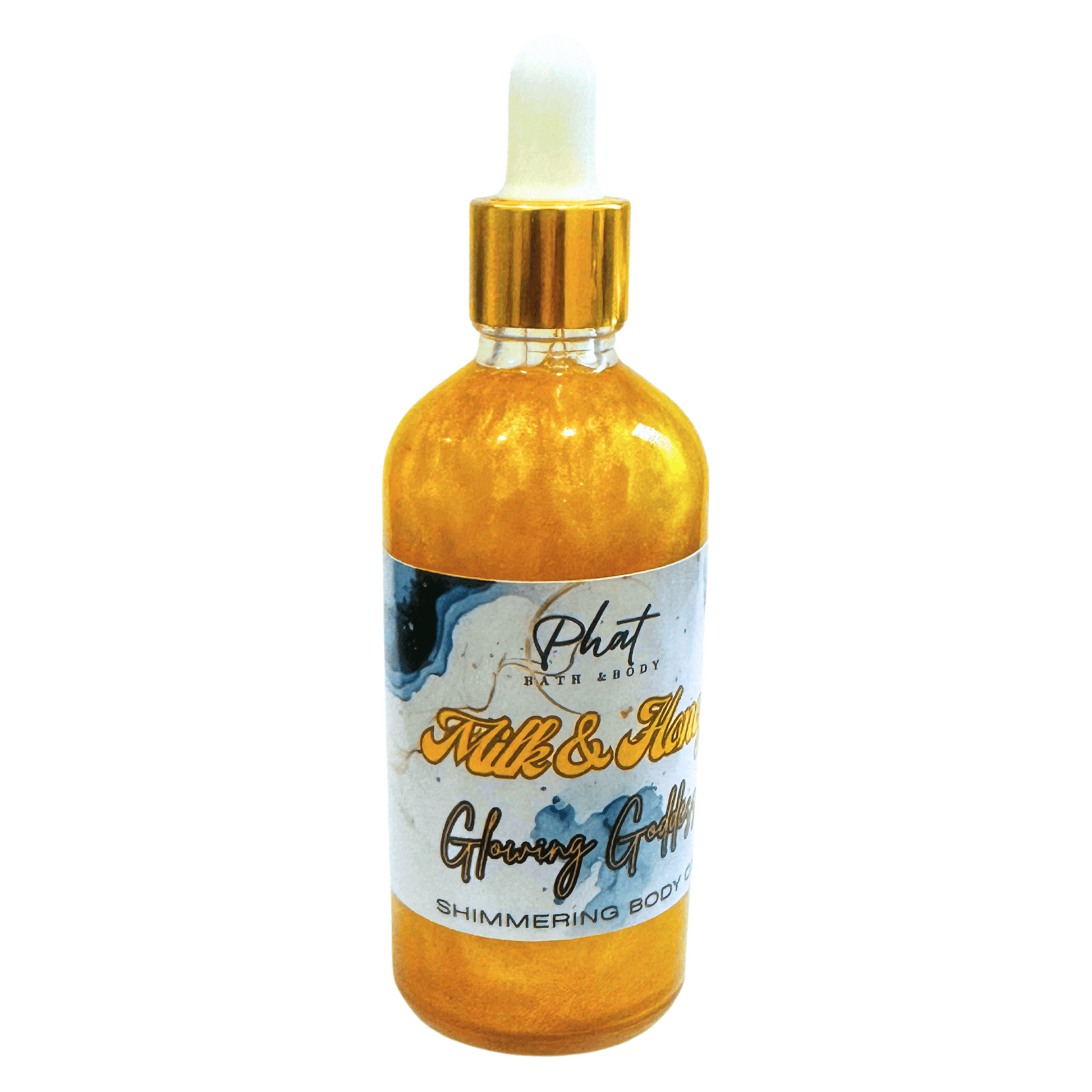 Shimmering body oil bottle with gold cap on a white background