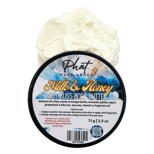 Body butter container labeled 'Milk & Honey Soy Bliss' with a white lid on a white background.