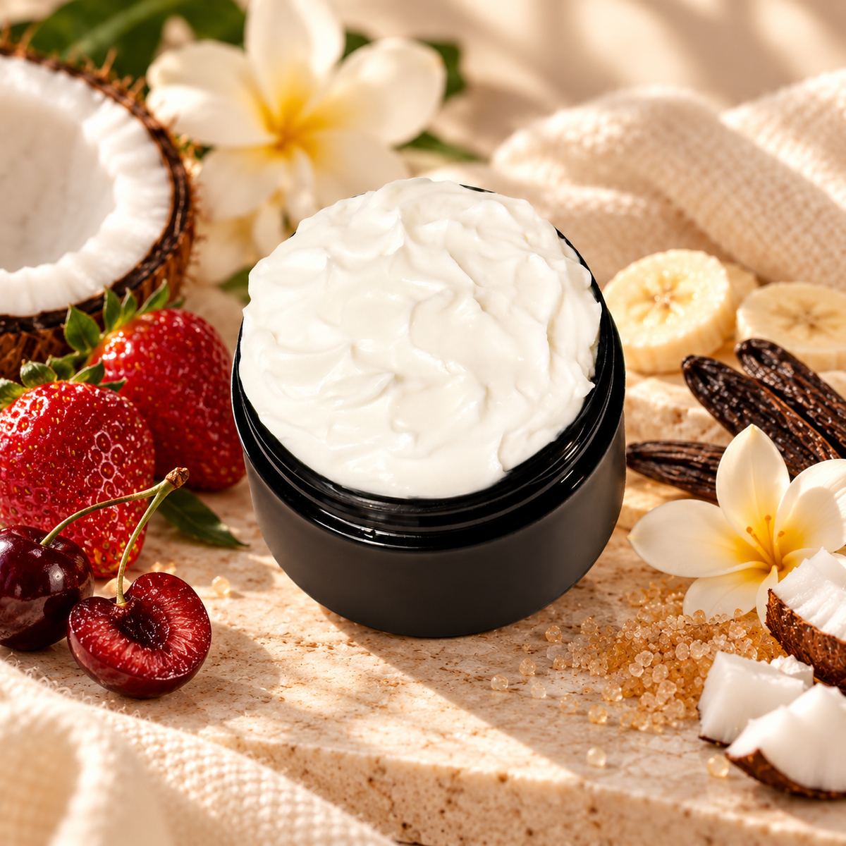 Open jar of Phat Bath & Body Naked Body Lotion with creamy white lotion surrounded by strawberry, coconut, cherry, banana, and tropical accents.