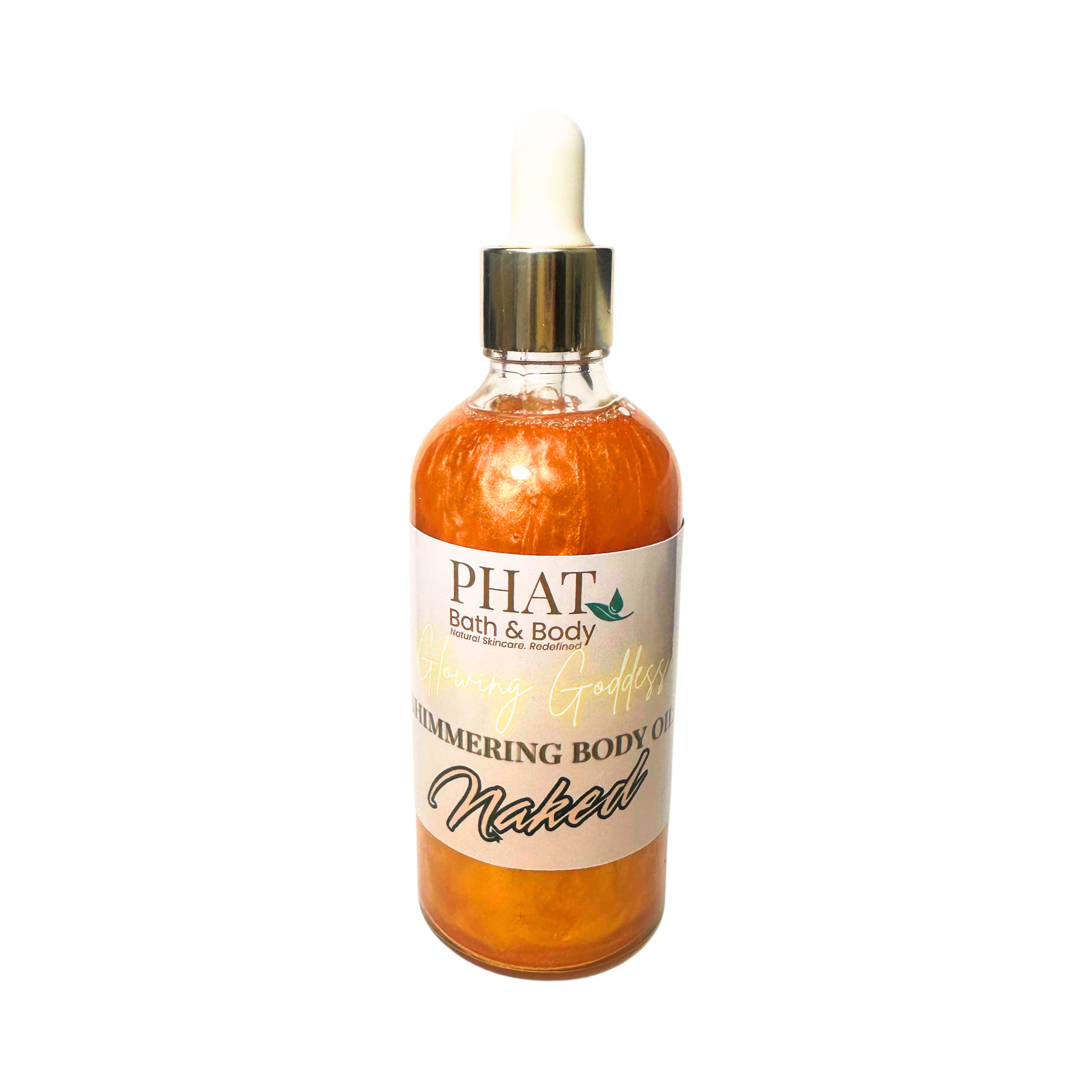 Bottle of 'Naked' shimmering body oil by Phat Bath & Body on a white background