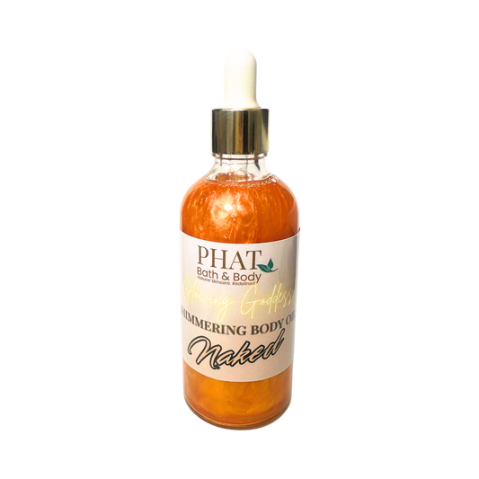 Bottle of 'Naked' shimmering body oil by Phat Bath & Body on a white background