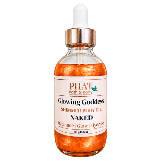 Phat Bath & Body Glowing Goddess Shimmer Body Oil in Naked, 3.5 oz glass dropper bottle with warm orange-gold shimmer oil.