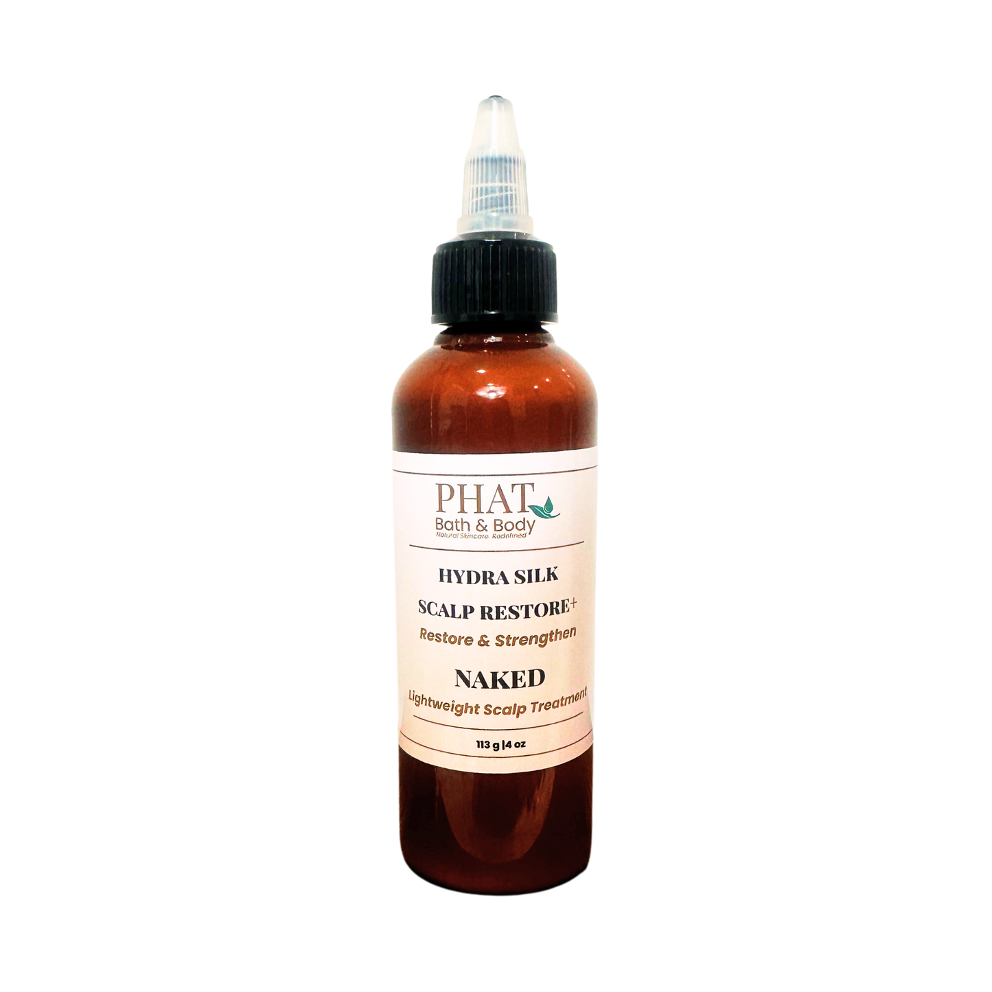 An amber bottle of PHAT Bath & Body Hydra silk Scalp Restore treatment with a black twist cap and a cream-colored label, shown on a plain white background.
