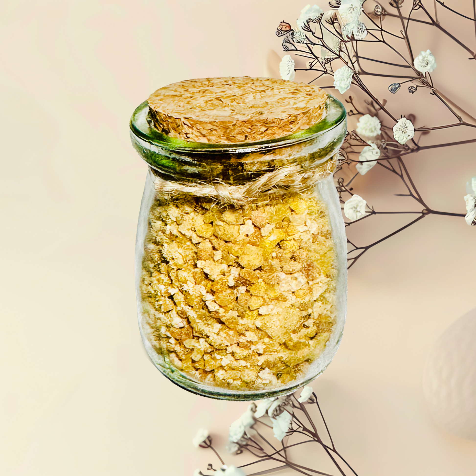 Glass jar with cork lid containing yellow bath salts, surrounded by white flowers on a beige background