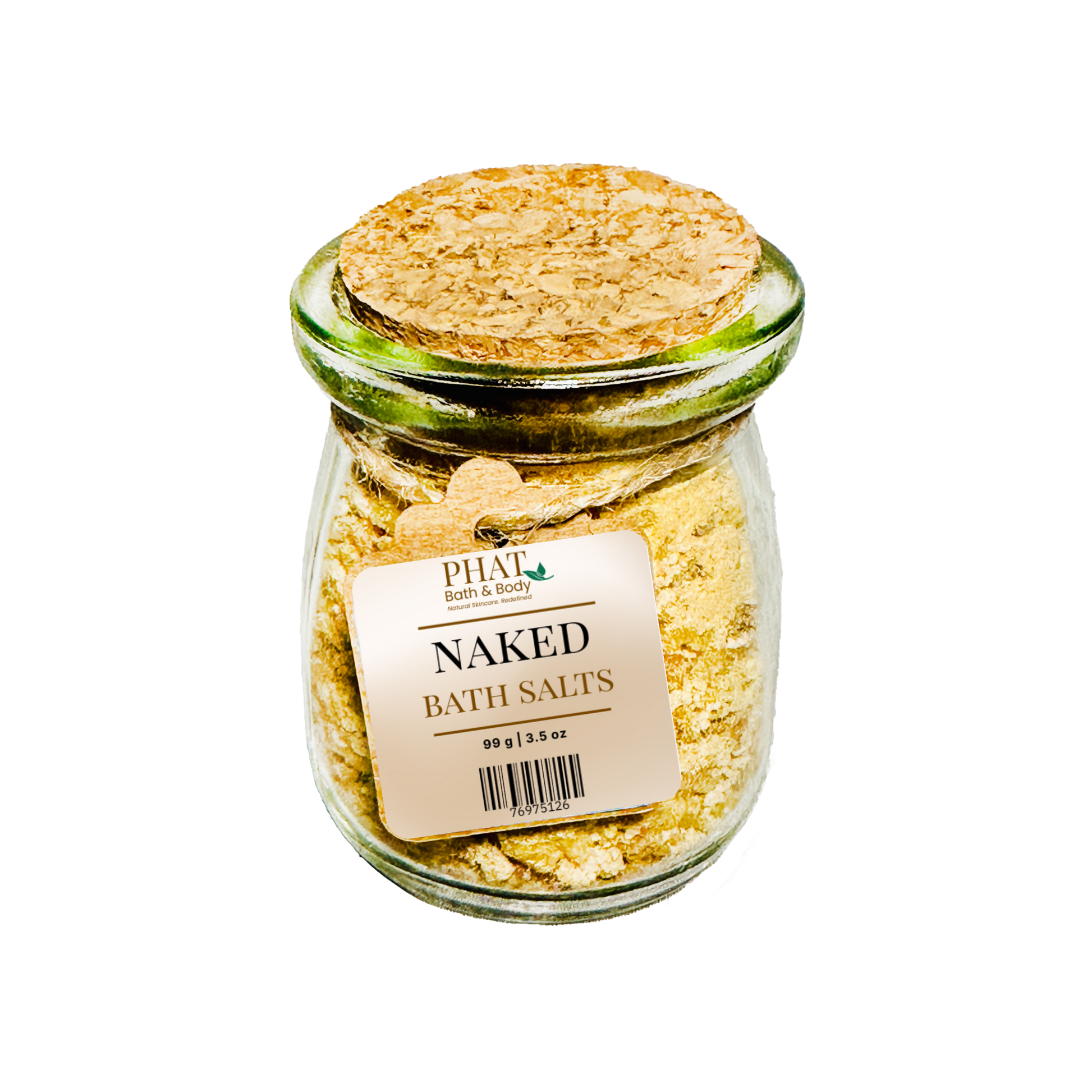 Jar of Naked Bath Salts with a cork lid on a white background