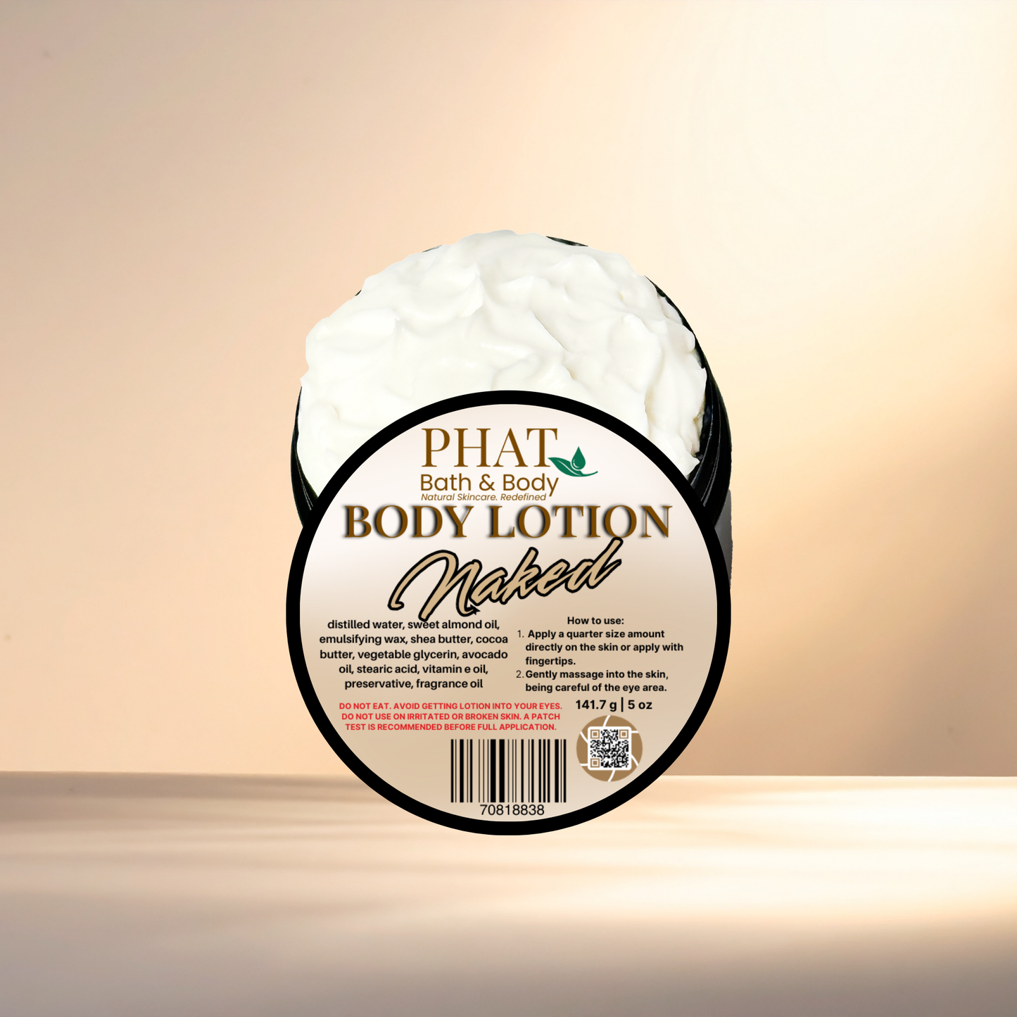 Body lotion container with 'Phat Bath & Body' label on a gradient background