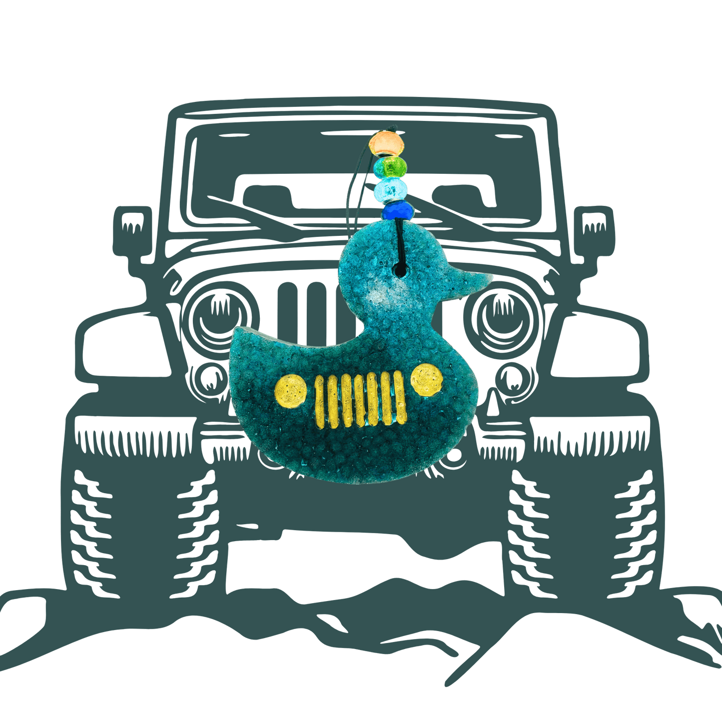 Decorative car freshie shaped like a jeep grille with colorful beads on a green background