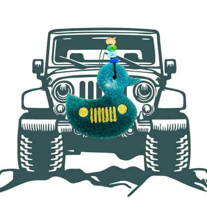 Decorative car freshie shaped like a jeep grille with colorful beads on a green background