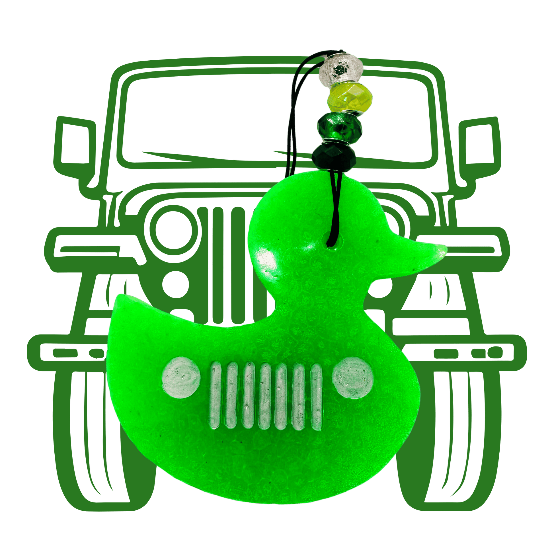 Green duck-shaped car grille ornament with Jeep logo on a green background