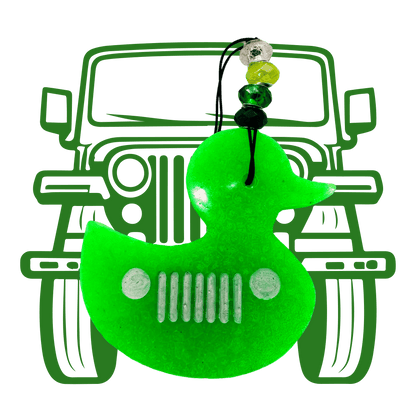 Green duck-shaped car grille ornament with Jeep logo on a green background