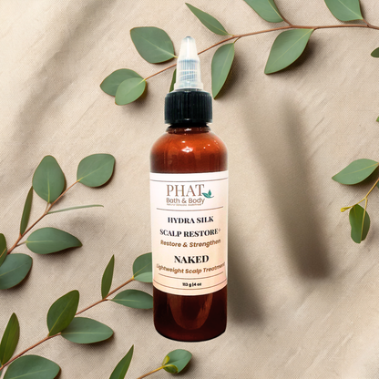 A bottle of PHAT Bath & Body Hydra Silk Scalp Restore+ nourish & strengthen treatment, labeled 'Naked', set against a beige fabric background decorated with green eucalyptus leaves.