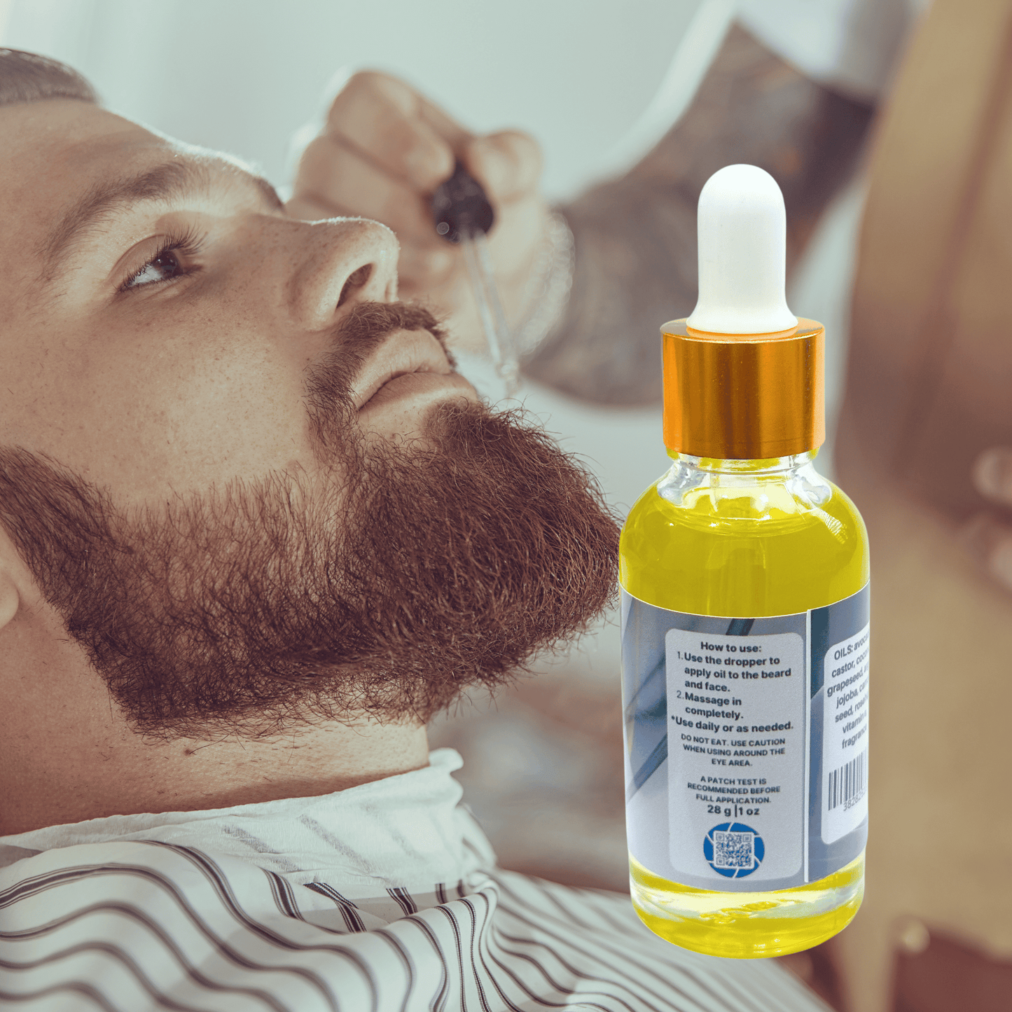 Bottle of Agua Fria beard oil with a man getting a haircut in the background