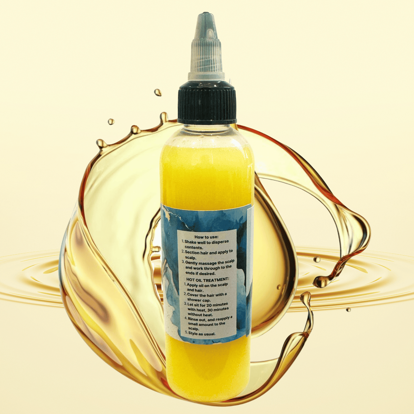 Bottle of hair growth oil  with a directions label on a beige background