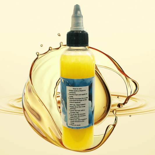 Bottle of hair growth oil  with a directions label on a beige background