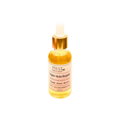 Bottle of night skin repair serum on a white background