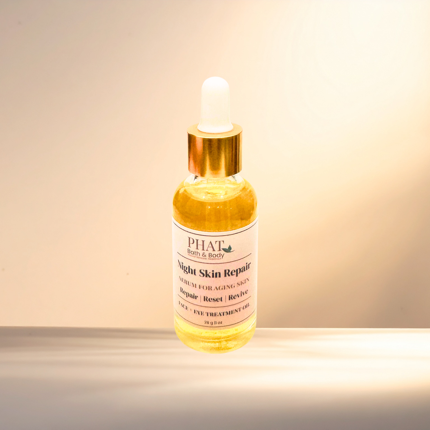 Bottle of night skin repair serum on a neutral background