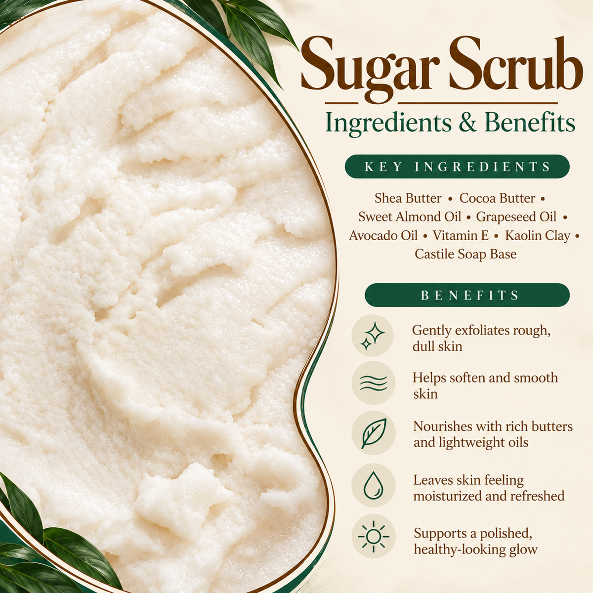 Phat Bath & Body sugar scrub ingredients and benefits featuring the actual creamy scrub texture, shea butter, cocoa butter, botanical oils, Vitamin E and kaolin clay. Highlights gentle exfoliation, softer skin, moisturizing benefits and a healthy-looking glow.