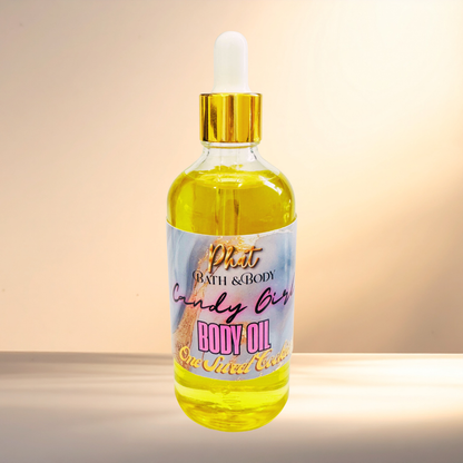 Bottle of body oil with a dropper on a gradient background