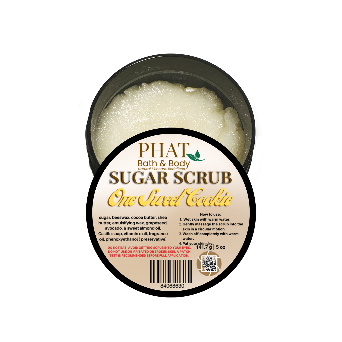 Jar of sugar scrub with a label on a white background