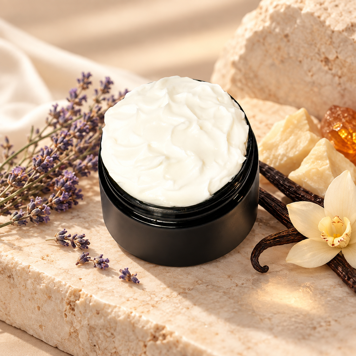 Open jar of Phat Bath & Body Onyx Body Lotion with creamy white lotion styled with lavender, vanilla, cocoa butter, and warm amber accents.