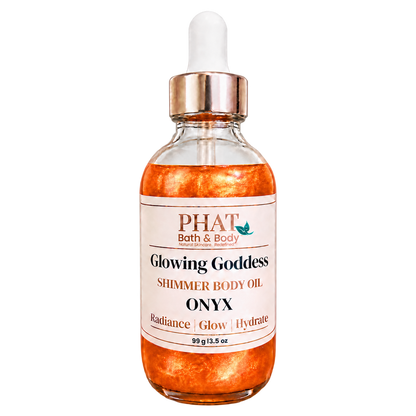 Phat Bath & Body Glowing Goddess Shimmer Body Oil in Onyx, 3.5 oz glass dropper bottle with radiant orange-gold shimmer.