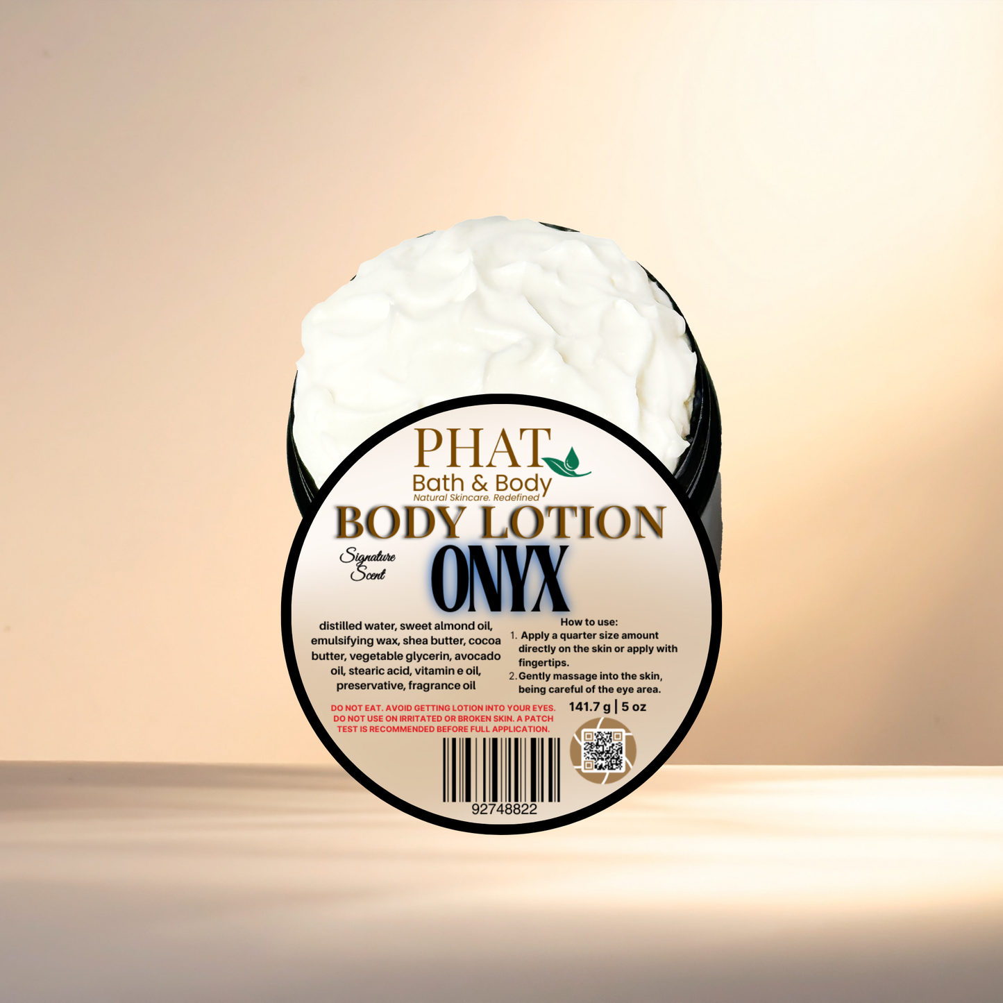 Body lotion container with 'Phat Bath & Body' branding on a gradient background