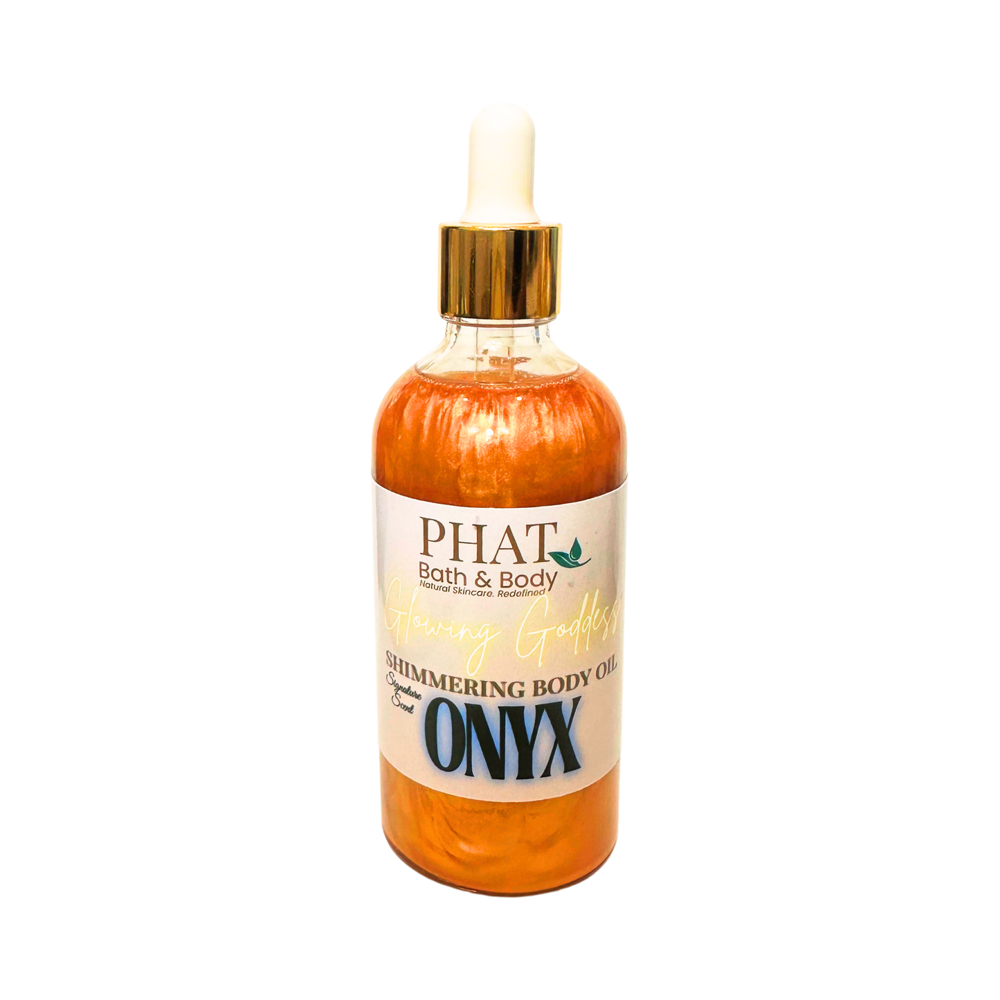 Bottle of 'Onyx' shimmering body oil from Phat Bath & Body on a white background