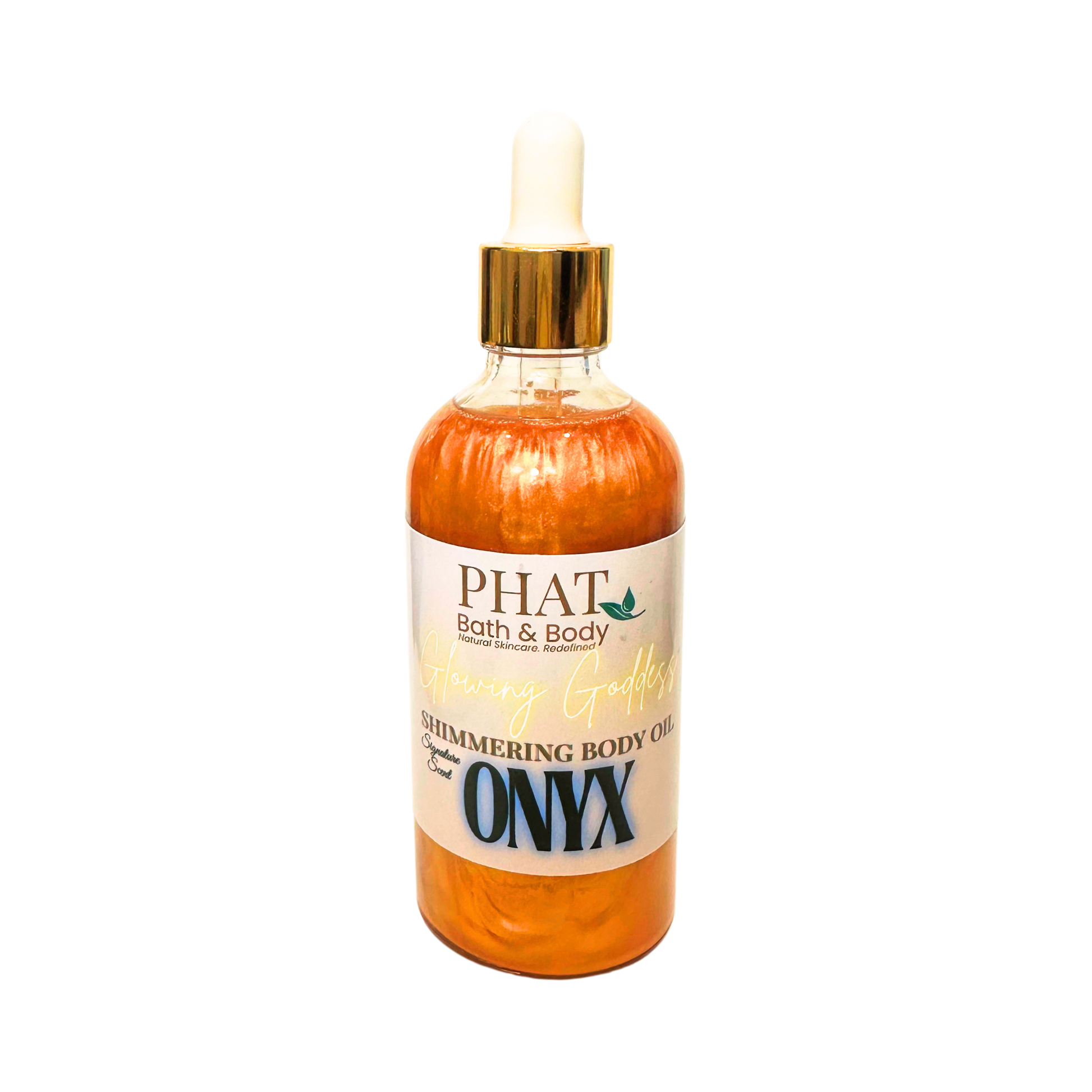 Bottle of 'Onyx' shimmering body oil from Phat Bath & Body on a white background