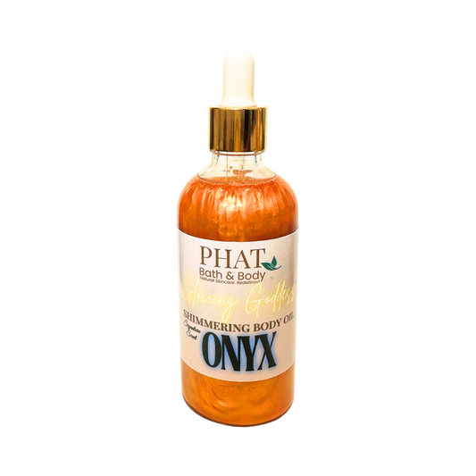 Bottle of 'Onyx' shimmering body oil from Phat Bath & Body on a white background