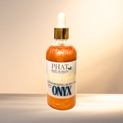 Bottle of PHAT Bath & Body Onyx shimmering body oil on a gradient background